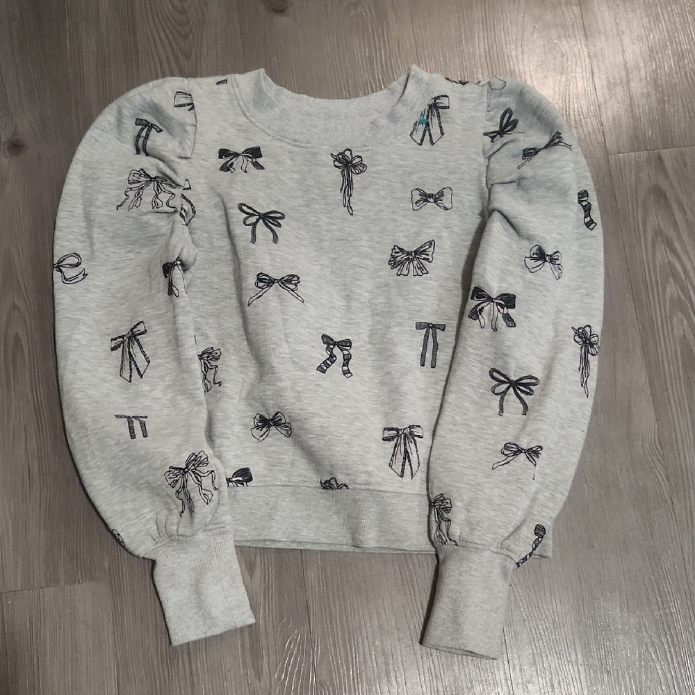 Anthropologie Gray Bow Print Sweater Sz XS